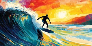 冲浪者在绚丽夕阳下踏浪