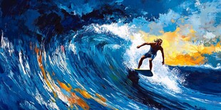 冲浪者勇立蓝色汹涌浪尖