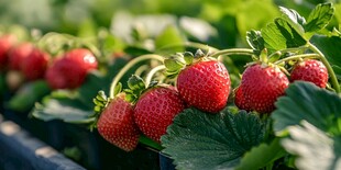 新鲜诱人的草莓植株特写