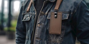 复古牛仔夹克配皮质证件袋