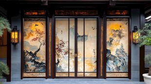 中式庭院精美山水屏风门