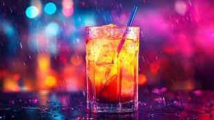 绚丽背景下的冰爽鸡尾酒