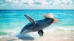 戴帽鲸鱼跃于碧海沙滩