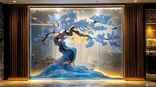 中式蓝调艺术玻璃梅花景