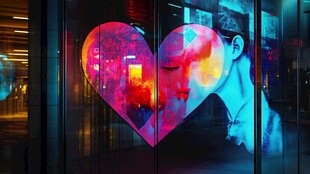 心形橱窗内的浪漫亲吻