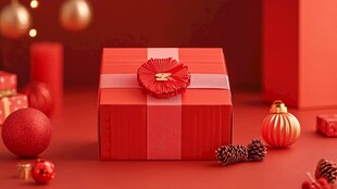 红色圣诞礼盒与节日装饰
