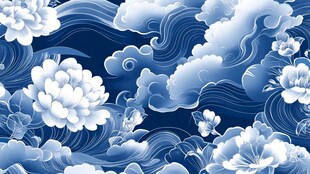 蓝白祥云牡丹国风图案