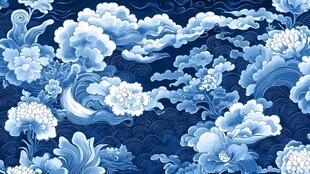 蓝白中式云纹花卉图案