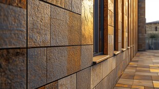 阳光洒落的石砌建筑外墙