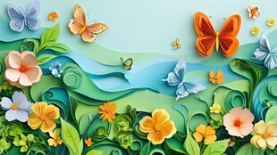 纸艺花卉蝴蝶梦幻风景图