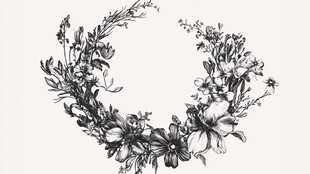黑白花卉花环手绘图案
