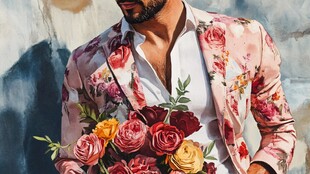 男士身着花卉西装手捧花束