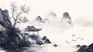 水墨山水间的静谧小亭