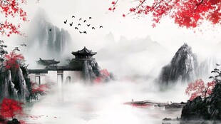 水墨江南景 红叶映古亭