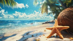 海边椰影下的海星景致