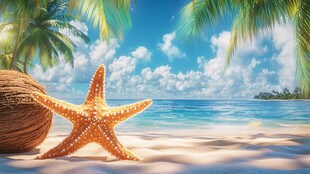 热带海滩上的海星与椰子