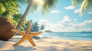 沙滩海星与椰树海景风光