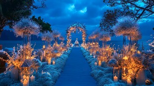 梦幻蓝调海边浪漫婚礼现场