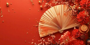 中式红底折扇花卉装饰图