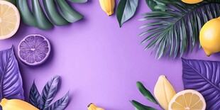 紫色背景的水果与绿叶组合