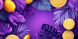 紫色背景下的柠檬与热带叶
