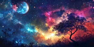 梦幻星空下的孤独之树