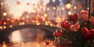 浪漫河畔爱心玫瑰夜景