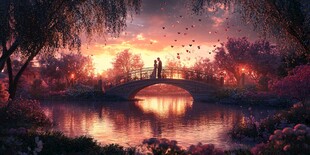 黄昏湖畔桥上的浪漫情侣