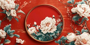 中式红底牡丹花卉装饰画