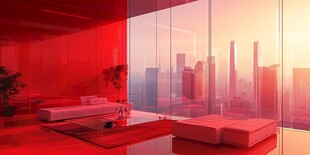红色时尚客厅与城市景观