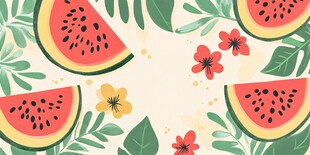 夏日西瓜花卉清新插画