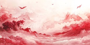 梦幻红色山水飞鸟意境图