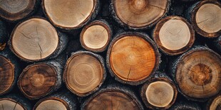 整齐堆叠的多彩原木截面