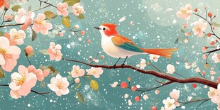 枝头彩鸟伴繁花