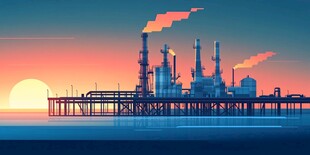日落时的海上炼油厂景观