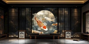 中式客厅锦鲤壁画装饰