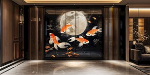 中式玄关处的锦鲤艺术壁画
