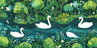 天鹅悠游于葱郁河畔风光