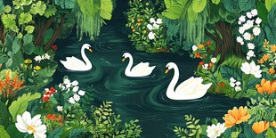 天鹅悠游于繁花绿意间