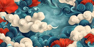 中式云浪花卉梦幻背景图