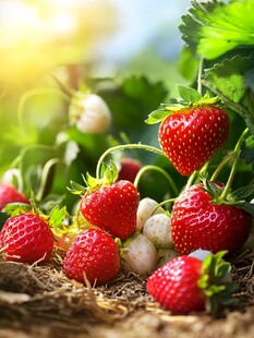 田间鲜红饱满的成熟草莓