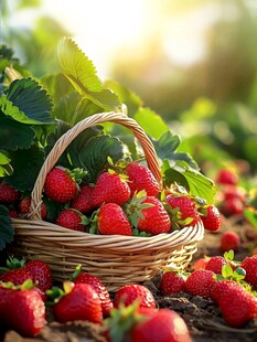 阳光下的满篮新鲜草莓