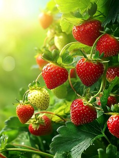 草莓挂枝 绿意中的红果