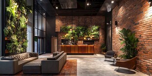 工业风绿植装饰的室内空间