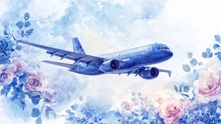 梦幻花卉中翱翔的飞机