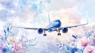 梦幻花卉中翱翔的飞机
