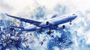 梦幻蓝调飞机穿梭花卉间