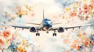 梦幻花卉中飞行的飞机