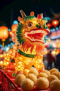 龙形彩灯前的金黄团子