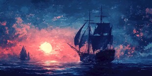 海上落日下的帆船美景